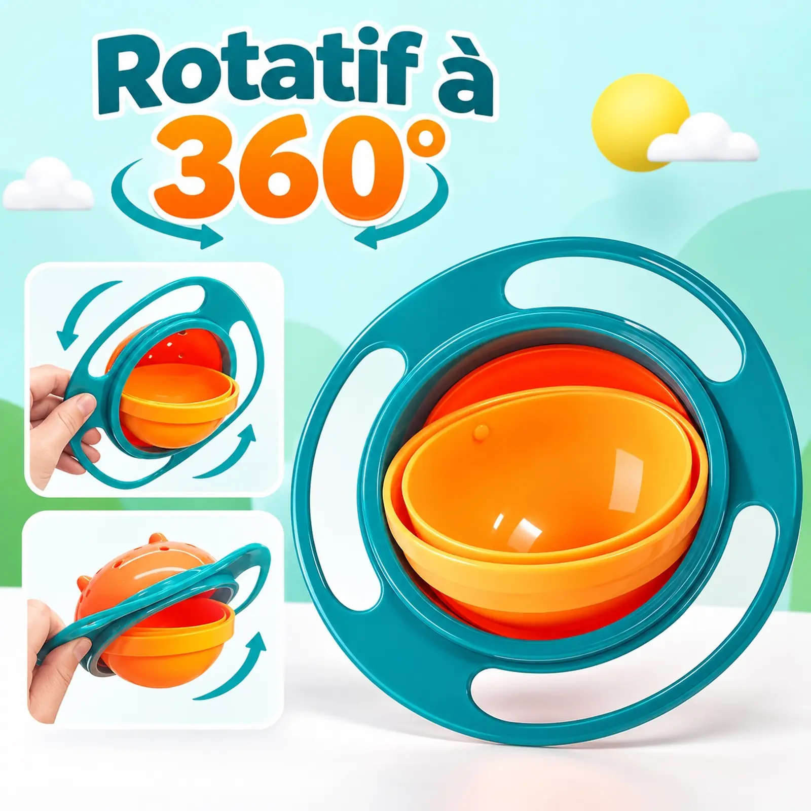 Bol bébé Anti-Renversement, bol rotatif 360° pour bébé